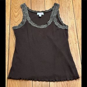 Lena Brown Tank Sleeveless Lace Straps & Trim Lettuce Edge Hem Women's Petite L